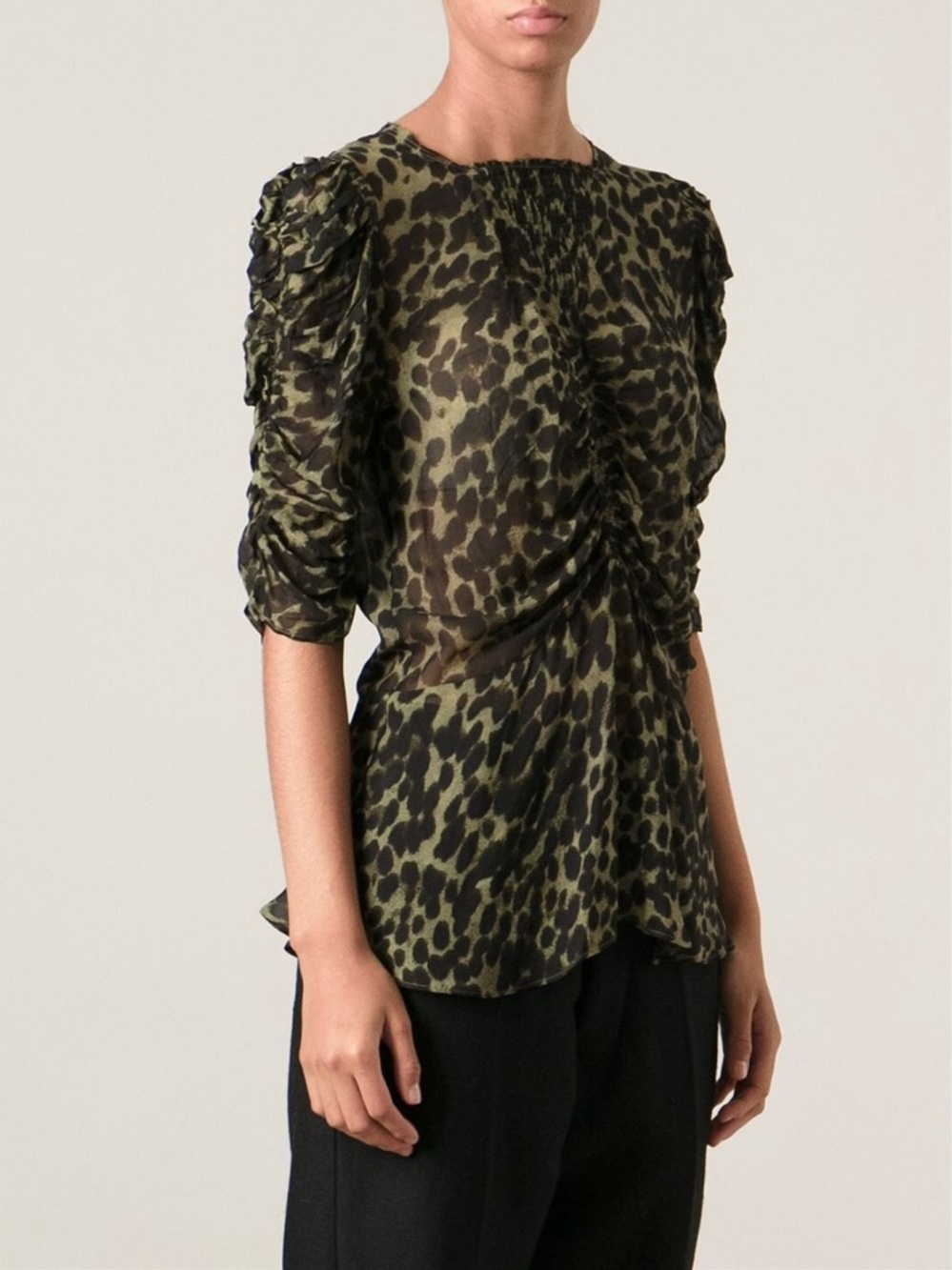 Isabel Marant Olive Green Leopard Ruched Blouse